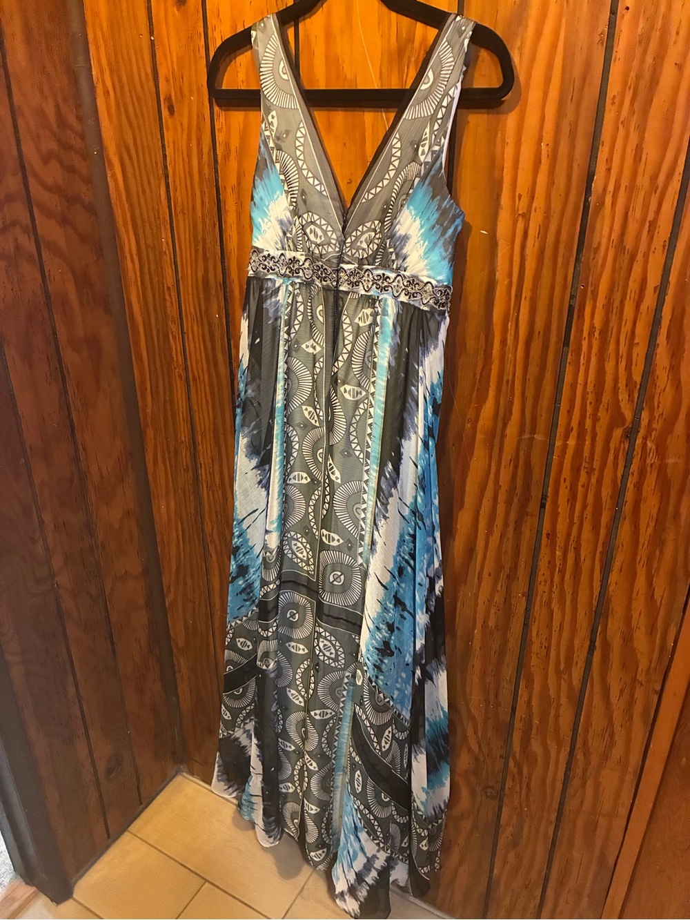 White House Black Market Blue and Gray Patterned V-Neck Maxi Dress